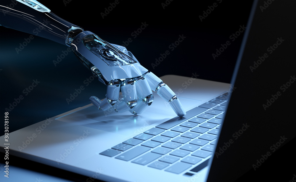 Cyborg hand pressing a keyboard on a laptop 3D rendering Stock Photo ...