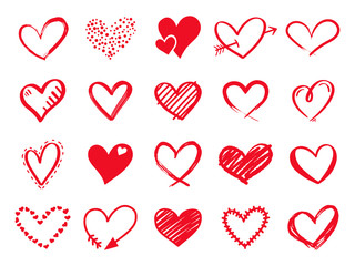 Hand drawn scribble hearts. Painted heart shaped elements for valentines day greeting card. Doodle red love hearts isolated vector icons set. Romantic sticker pack. Dotted and brush hearts