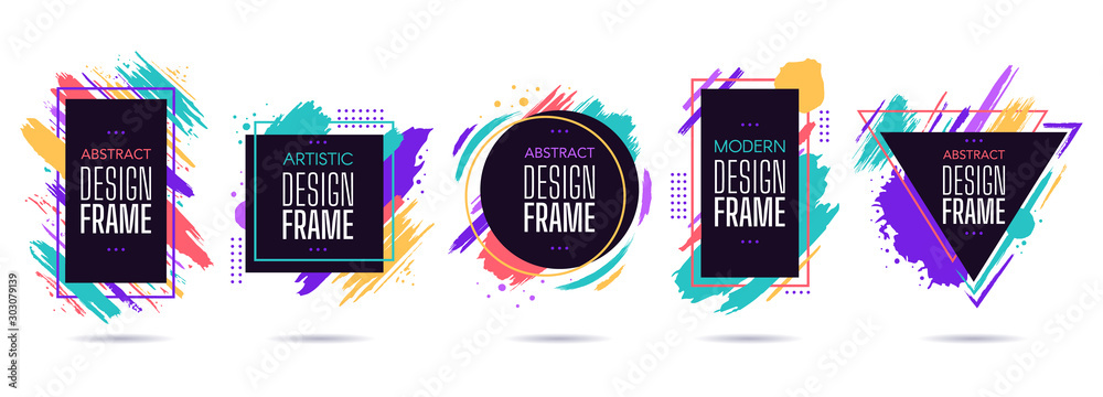Stain frame with text elements. Grunge paint brush stroke frames, dynamic box for text, modern geometric frame design vector isolated set. Round, triangle, square and rectangular frames with splashes - obrazy, fototapety, plakaty 