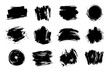 Graphic texture elements. Grunge stroke, artistic texture brush strokes, dirty line design element vector isolated set. Collection of black stains and smears. Gouache brushpaints on white background