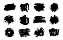 Graphic Texture Elements. Grunge Stroke, Artistic Texture Brush Strokes, Dirty Line Design Element Vector Isolated Set. Collection Of Black Stains And Smears. Gouache Brushpaints On White Background