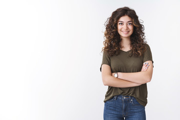 cute confident successful young female diatologist with curly hair cross arms chest self-assured rea
