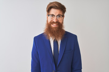 Sticker - Young redhead irish businessman wearing suit and glasses over isolated white background with a happy and cool smile on face. Lucky person.