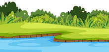 Landscape Background With River And Green Grass