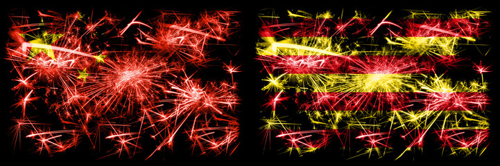 China, Chinese vs Spain, Catalonia, Catalan, Senyera New Year celebration travel sparkling fireworks flags concept background. Combination of two abstract states flags.