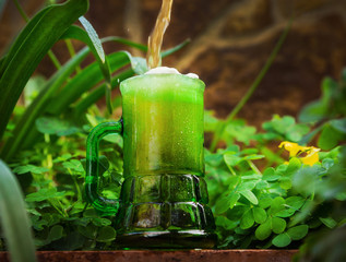 Jarra verde con cerveza espumosa y con tréboles y plantas de fondo. 