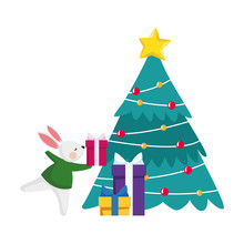 Christmas Tree And Cute Rabbit With Gift Boxes