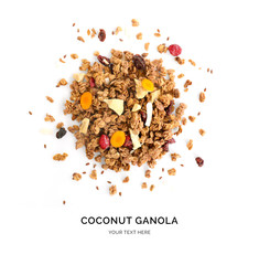 Wall Mural - Creative layout made of granola with dry fruits and curcuma isolated on white background.Flat lay. Food concept.