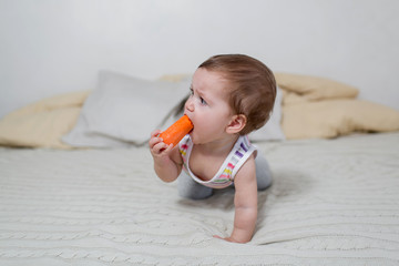 Portrait of little girl eating carrots, healthy vegetables.