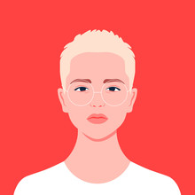 Portrait Of A Short-haired Girl. Androgin. Diversity. Avatar For A Social Network. Student. Vector Flat Illustration