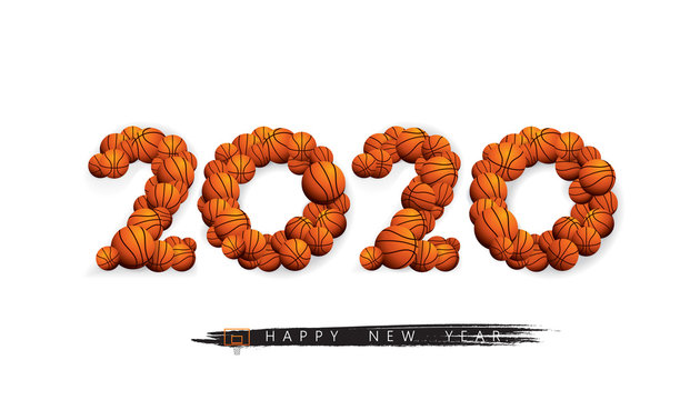 Vector Happy New Year 2020  text design with basketball concept isolated on white background.