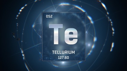 Wall Mural - 3D illustration of Tellurium as Element 52 of the Periodic Table. Blue illuminated atom design background with orbiting electrons. Design shows name, atomic weight and element number