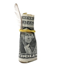 Wall Mural - Rolled one dollar bill with Indian feather isolated on white background