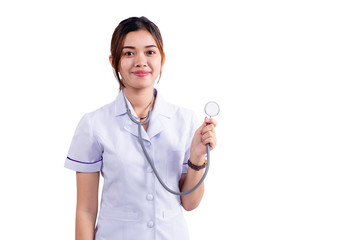 Smiling asian woman doctor holding stethoscope isolated on white background