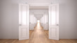 Empty white architectural interior with infinite open doors, endless corridor of doorway, walkaway, labyrinth. Move forward, opportunities, business, future, concept with copy space