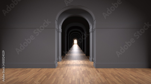 Fotografía Empty dark architectural interior with infinite arch doors, endless corridor of doorway, walkaway, labyrinth