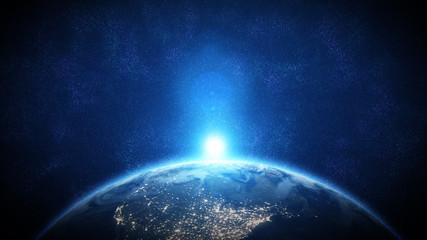 world and sun realistic 3d rendering. shiny sunlight over planet earth, cosmos, atmosphere. shot fro
