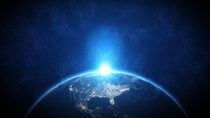 world and sun realistic 3d rendering. shiny sunlight over planet earth, cosmos, atmosphere. shot fro