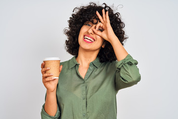 Sticker - Young arab woman with curly hair drinking cup of coffee over isolated white background with happy face smiling doing ok sign with hand on eye looking through fingers