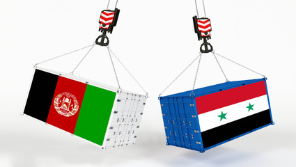Wall Mural - Syria and Afghanistan flags on opposing cargo containers. International trade theme, import and export concept between two countries.