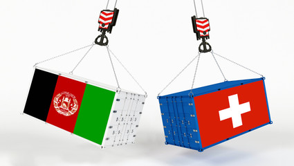 Switzerland and Afghanistan flags on opposing cargo containers. International trade theme, import and export concept between two countries.