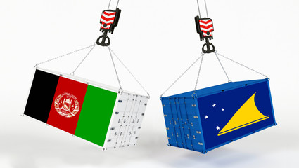 Wall Mural - Tokelau and Afghanistan flags on opposing cargo containers. International trade theme, import and export concept between two countries.