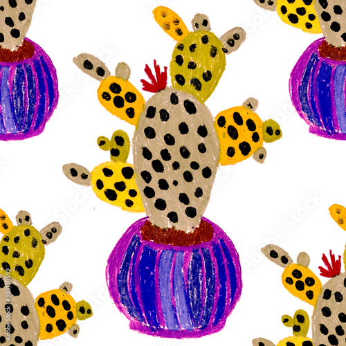 Creative seamless pattern with hand drawn cactuses in pots. Bright botanical ...