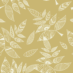 Gold background with geometric pattern branch and leaves, nature ornament, floral decorative element, vector design.