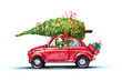 Snowman driving a red car with christmas tree on roof. Hand drawn christmas illustration. 