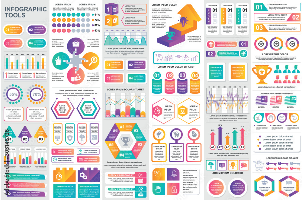Bundle infographic elements data visualization vector design template. Can be used for steps, business processes, workflow, diagram, flowchart concept, timeline, marketing icons, info graphics. - obrazy, fototapety, plakaty 