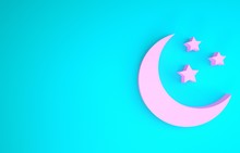 Pink Moon And Stars Icon Isolated On Blue Background. Minimalism Concept. 3d Illustration 3D Render