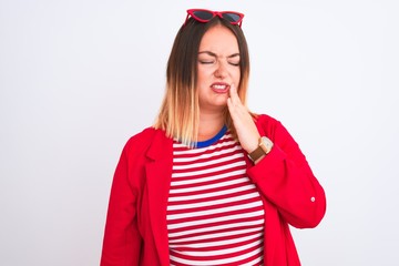 Poster - Young beautiful woman wearing striped t-shirt and jacket over isolated white background touching mouth with hand with painful expression because of toothache or dental illness on teeth. Dentist 