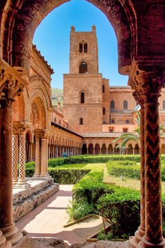 the courtyard of monreale cathedral of assumption, sicily, italy.