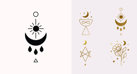 Ethnic Magic and Mystical Logo Set with sun, hexagram, moon, blessing, cup symbols in Vector