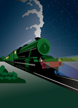 Green Steam Train At Night