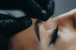 A microblading master in black rubber gloves holds a close-up of a girl’s client’s finished eyebrow.