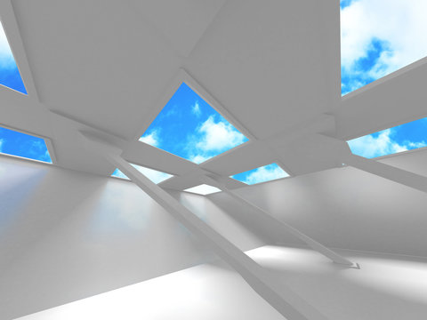 Futuristic White Architecture Design on Cloudy Sky Background