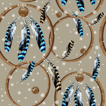 Beautiful Winter Pattern With Native American Amulets And Snowflakes. Jay Feather And Wooden Beads And Rings. Dream Catchers.