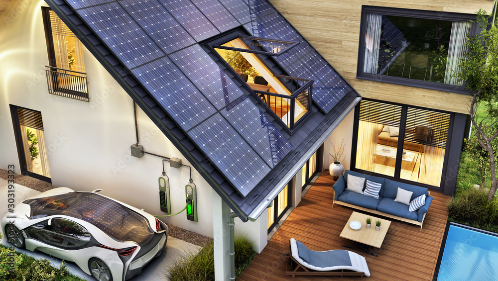Electric car and modern house with solar panels on the roof - obrazy, fototapety, plakaty 