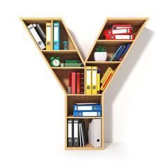 Aufkleber - Letter Y. Alphabet in the form of shelves with file folder, binders and books isolated on white. Archival, stacks of documents at the office or library.