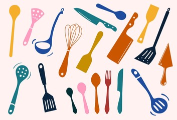 Colorful sets of silhouette kitchen tools: spade, ladle, knife, spoon, fork, spatula, knead, icon for cooking and dinning, create by vector