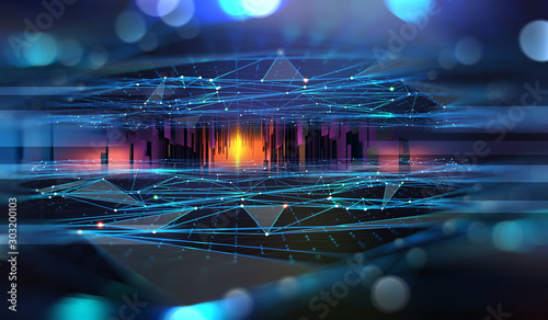 Ilustracja: Cyber city. Digital technology and Bigdata. Blockchain network and artificial intelligence. 3D illustration of urban space in a new smart reality Cyber city. Digital technology and Bigdata. Blockchain network and artificial intelligence. 3D illustration of urban space in a new smart reality