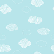 Pattern With Hand-drawn Different Clouds On A Blue Sky Background.