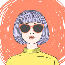 Portrait Of A Beautiful Woman With Short Purple Hair In Sunglasses.