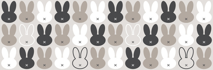 Cute Scandinavian Easter Bunny horizontal banner with primitive geometric silhouettes of rabbit head in neutral colors