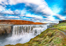 Dramatic Sunset View  Of The Most Powerful Waterfall In Europe Called Dettifoss