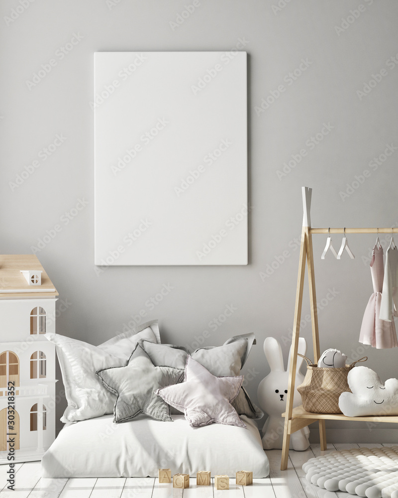 mock up poster frame in children's bedroom, Scandinavian style interior background, 3D render, 3D illustration - obrazy, fototapety, plakaty 