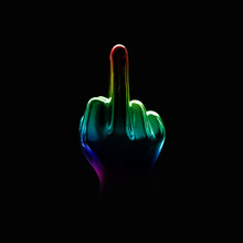 Fuck you concept. Rainbow figure mirror. Rainbow fiddle finger, offensive gesture