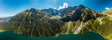 Panorama Aerial view of Black Lake below Mount Rysy. It overlooks the nearby lake of Morskie Oko, or Eye of the Sea. Tatra Mountains. Poland 