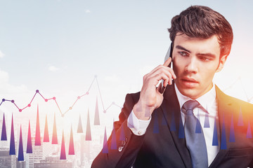 Poster - Trader on smartphone in city, forex graph